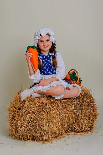 Ragazza in abito seduto su una rustica balla di paglia vintage . — Foto Stock