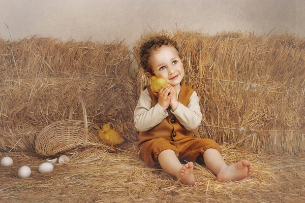 Beautiful curly-haired boy sitting next to a hay duckling ear — Stock Photo, Image