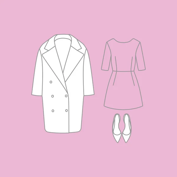 Ένα σύνολο του παλτό γυναικεία ρούχα, φόρεμα, παπούτσια — Διανυσματικό Αρχείο