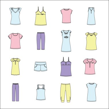 kadın giyim kümesi. Ev için bayan giyimler.