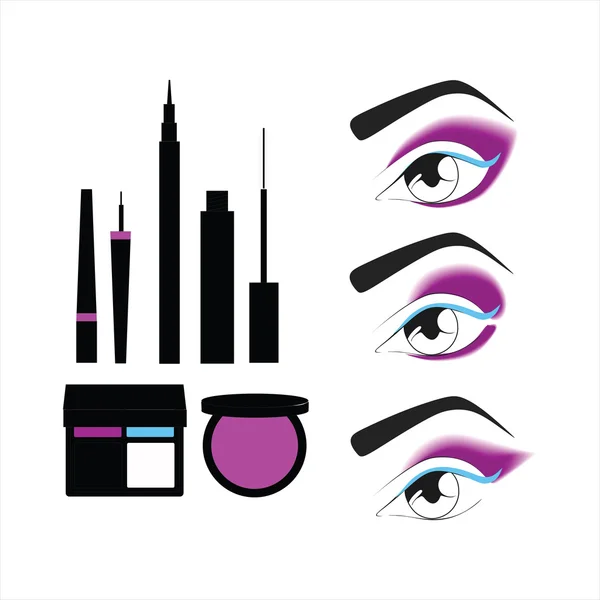 Cosméticos. sombra. polvo. rímel. delineador. maquillaje de ojos . — Vector de stock