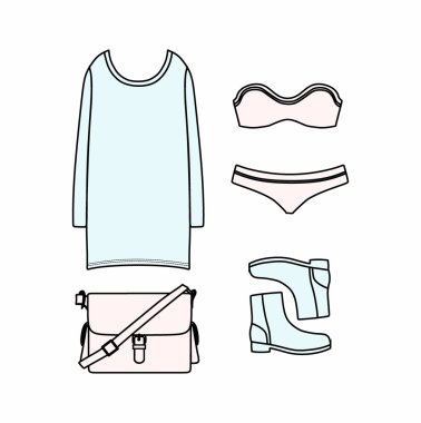  kadın giyim vektörde çizilmiş kümesi