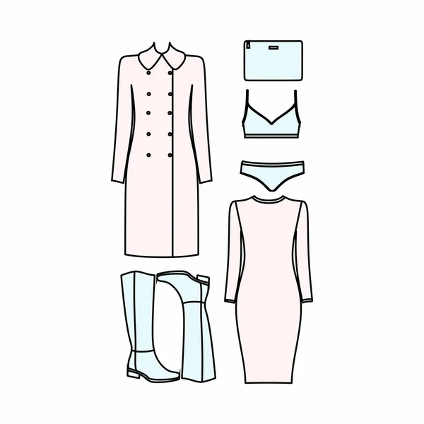 Conjunto de ropa de mujer dibujado en el vector — Vector de stock