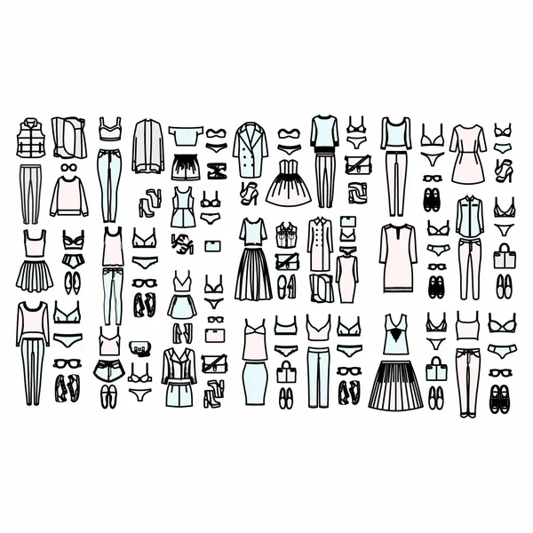 Набор женской одежды, нарисованной в векторе — стоковый вектор