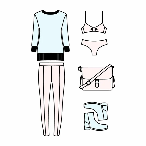 Conjunto de ropa de mujer dibujado en el vector — Archivo Imágenes Vectoriales