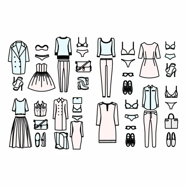 Набор женской одежды, нарисованной в векторе — стоковый вектор