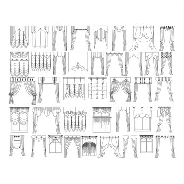 Eskiz pencere dekorasyonları vektörde boyalı. Klasik perde