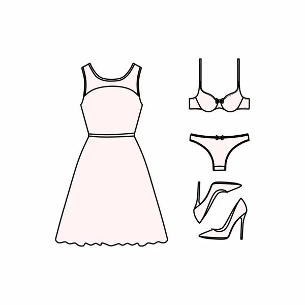 Conjunto de ropa de mujer dibujado en el vector — Vector de stock