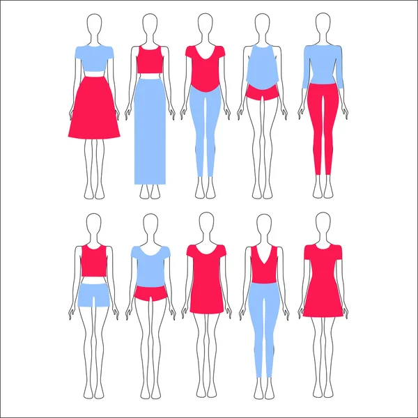 Conjunto de roupas femininas desenhadas no vetor —  Vetores de Stock