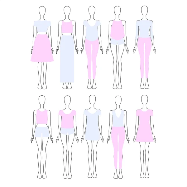 Conjunto de ropa de mujer dibujado en el vector — Vector de stock