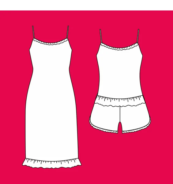 Frauen-Hausbekleidung. Pyjama-Trikot. Shorts und Oberteil. Kleidung. — Stockvektor