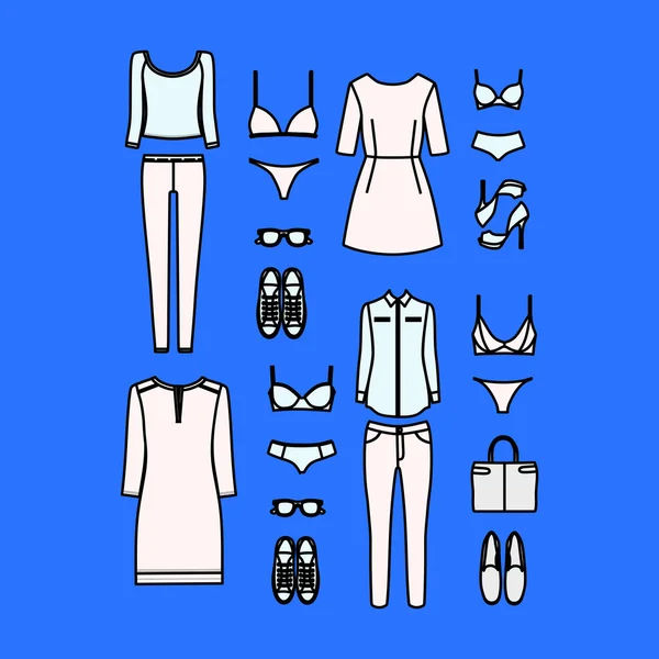 Joukko naisten vaatteita piirretty vektori — vektorikuva