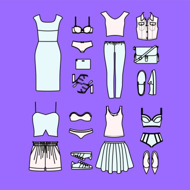  kadın giyim vektörde çizilmiş kümesi