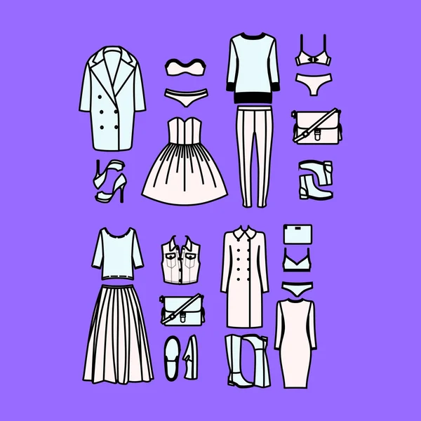 Conjunto de ropa de mujer dibujado en el vector — Vector de stock