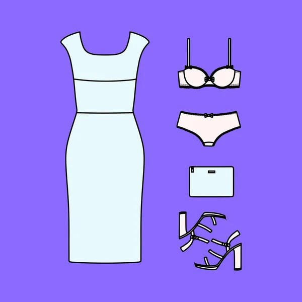 Conjunto de ropa de mujer dibujado en el vector — Archivo Imágenes Vectoriales