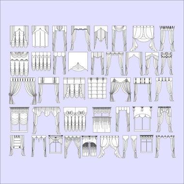 Eskiz pencere dekorasyonları vektörde boyalı. Klasik perde