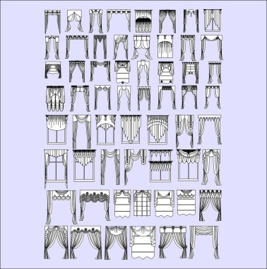 Eskiz pencere dekorasyonları vektörde boyalı. Klasik perde