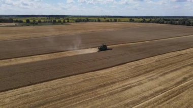 Çalışan bir hasatçıyla buğday tarlasının üzerinde uçuyor.