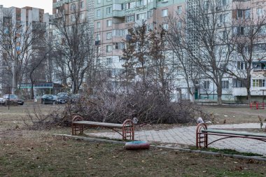 Kesikler, uyuma alanının avlusunda yığılmış bir yığın halinde.
