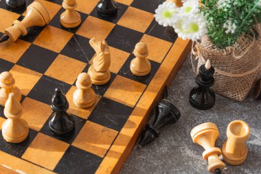 Satranç. Satranç tahtası, satranç taşları ve çiçekler güneşli bir günde gri-mavi arka planda