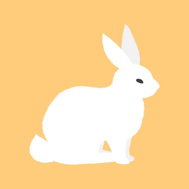 Beyaz tavşan. İzole edilmiş, tüylü bir tavşan sarı bir arka planda oturuyor. Düz stil illüstrasyon. Web, baskı, kartpostal tasarımı, çıkartma, simge için şablon. Paskalya 'nın sembolü. Vektör.