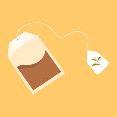 Çay poşeti. Bir paket organik siyah çay. Etiket, tasarım simgesi, düz stil, vektör. Ayrı nesne.