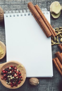 Baharatlar, baharat, tarif kitabı, not defteri, yazma, biber, bezelye, kırmızı biber, kara biber, kakule, yıldız anason, tarçın, kişniş, tarçın, karanfil, yıldız