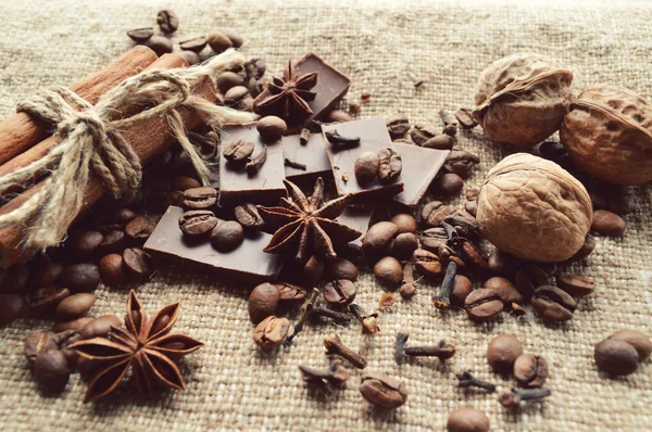 Cannella, cioccolato, caffè, chiodi di garofano, nocciole noci su fondo saccheggiatore — Foto Stock