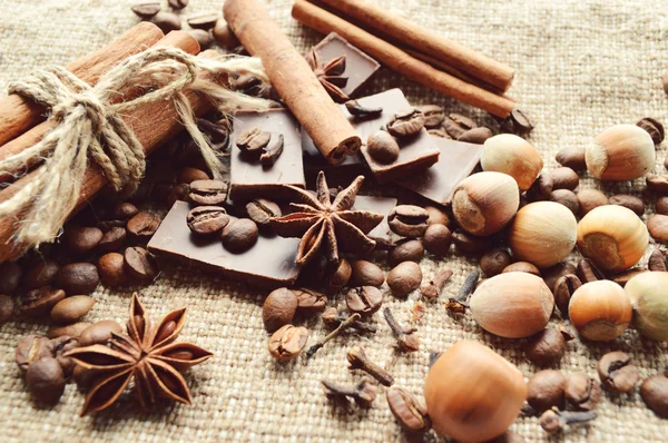 Canela, chocolate, café, clavo de olor, nueces de avellanas sobre fondo de saco — Foto de Stock