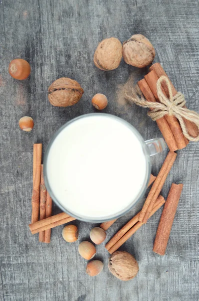 Tazza di latte caldo con cannella, spezie e nocciole, noci, primo piano su fondo di legno — Foto Stock