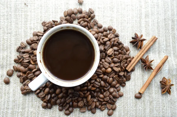 Copo cheio de grãos de café, paus de canela, anis estrelado, close-up — Fotografia de Stock
