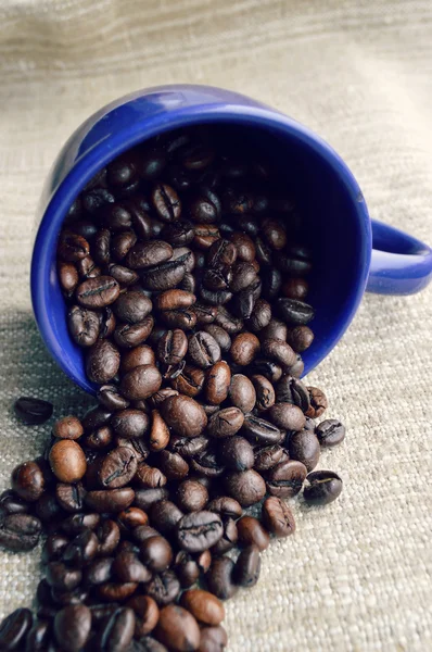 Cup full of coffee beans, cinnamon sticks, star anise, closeup — Stock Photo, Image