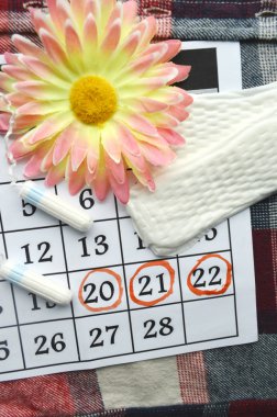 Kadın hijyen koruma, kırmızı bir arka plan üzerinde pamuk tampon, turuncu Gerber, sıhhi yastıkları ile yakın-up.menstruation takvimi