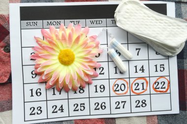 Kadın hijyen koruma, kırmızı bir arka plan üzerinde pamuk tampon, turuncu Gerber, sıhhi yastıkları ile yakın-up.menstruation takvimi
