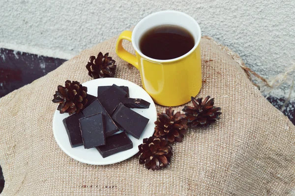 Cup with tea, chocolate and pine cones — Stock Photo, Image