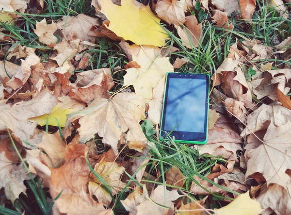 Telefon a sárga-őszi levelek, őszi koncepció — Stock Fotó