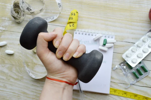 Sport, Fitness, Aufzeichnung, Notizblock, Konzept der Gewichtsabnahme, Ernährung, Ernährung — Stockfoto