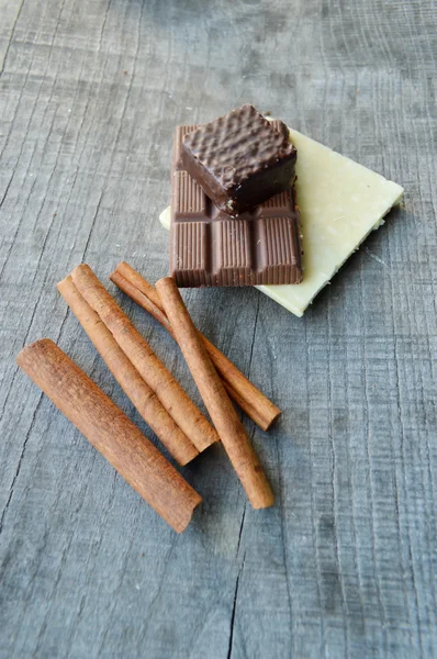 Çeşitli parçalarını çikolata ve tarçın — Stok fotoğraf