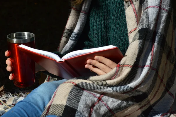 Nuori, kaunis tyttö käärittynä lämpimään ruudulliseen peittoon juo kuumaa teetä ja lukee kirjaa puistossa. — kuvapankkivalokuva
