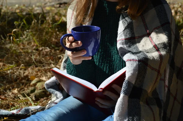 Uma jovem e bonita garota envolta em um cobertor de xadrez quente bebendo chá quente e lendo um livro no Parque — Fotografia de Stock