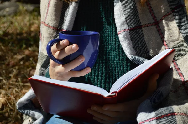 年轻、 漂亮的女孩裹在温暖的格子毛毯，喝热茶和读一本书在公园里 — 图库照片