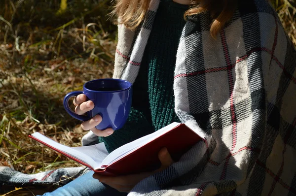 Una joven y hermosa niña envuelta en una cálida manta a cuadros bebiendo té caliente y leyendo un libro en el Parque — Foto de Stock