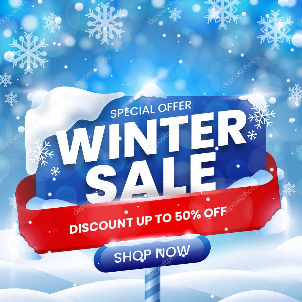 Realistic winter sale ad on sign. Flat design winter sale special offer promo.