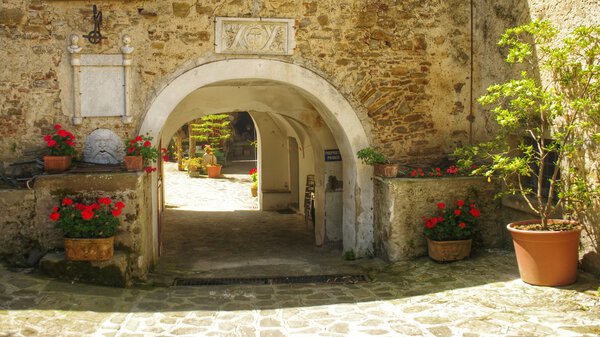 A small yard with an arch and flowers. Italy