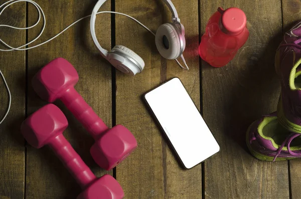 Set Equipment Exercises Running Cell Phone Map Weights Water Headphones — Stock Photo, Image