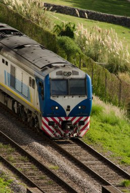 Şehirde dolaşan bir trenin lokomotifi. Raylardan bir köprüye giriyoruz. Buenos Aires 'te toplu taşıma araçları