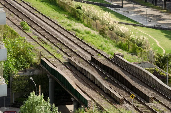 Train tracks in the city of Buenos Aires. train rails going through the city