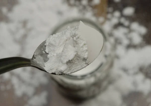 Tablespoon Very White Baking Powder Viewed White Powder Baking Soda — Foto de Stock