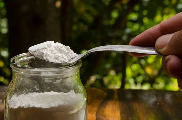 Baking Powder Taken Out Glass Jar Teaspoon Wooden Table Natural — Stock Fotó