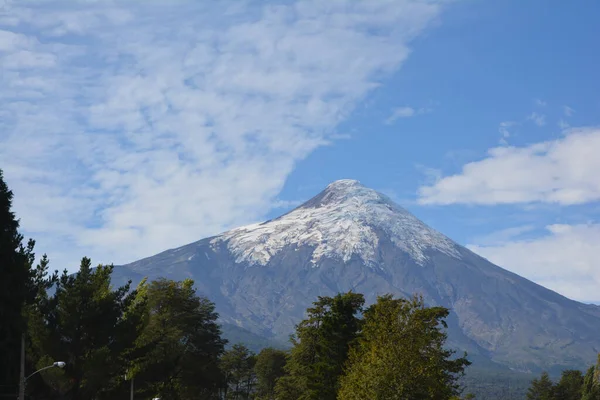 View Snowy Volcano Osorno Front Lake Vegetation Austral Highway Southern — 图库照片